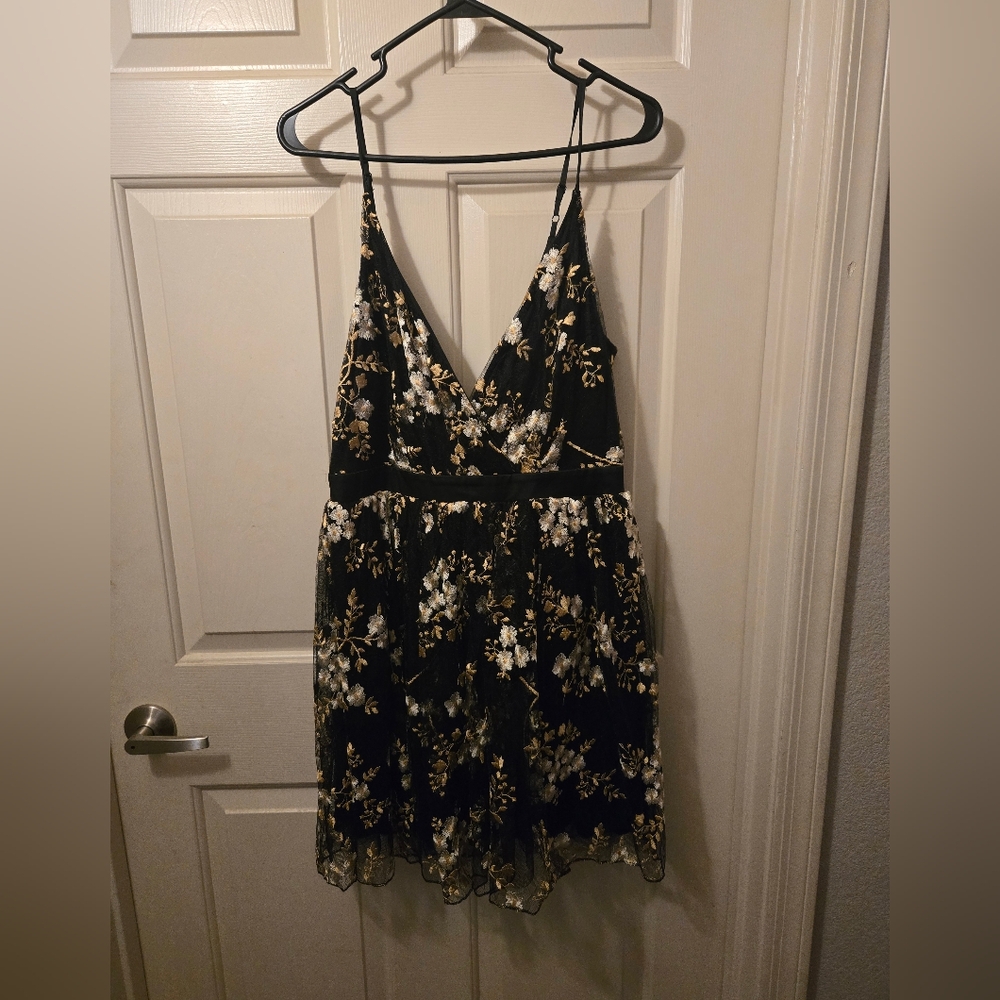 Express Black Dress with Gold Floral Embroidery